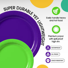 9 & 7 Inch. Purple and Lime Paper Plates Combo - 200 Pack (100 of each)