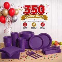 350 Pcs Purple Plastic Disposable Tableware Set