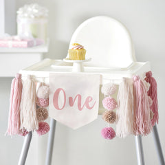 Baby's First Birthday High Chair Banner - Pink Fabric with Tassels