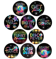 70's Disco Party Buttons - Neon Phrases, 10-Pack