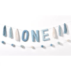 Blue Felt Plush "ONE" Banner with Tassels and Pom-Poms for Baby's 1st Birthday