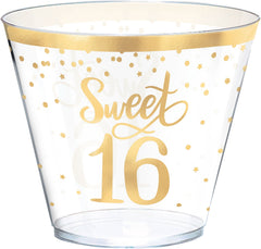 Sweet 16 Metallic Gold Plastic Cups, 9oz, 30 Pack