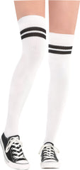 Sporty Thigh High Socks - White with Black Stripes