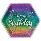 Prismatic Sparkle Hexagon "Happy Birthday" Paper Plates - 9-Inch (8-Pack)
