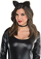 Glam Rebel Cat Ears Headband - Black & Gold Halloween Accessory