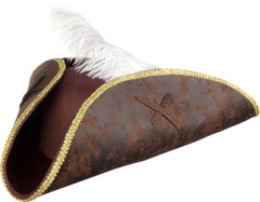 Authentic Brown Tricorn Pirate Hat with Feather - Perfect for Halloween