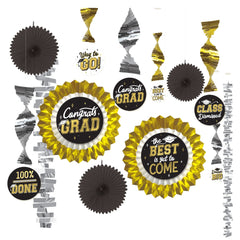 Class 101 - "Congrats Grad" Swirl & Fan Hanging Decorations, Black/Silver/Gold, 14.5-in, 13-pk, for Graduation