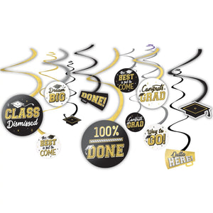 Class 101 - "Congrats Grad" Swirl Hanging Decorations, Black/Gold, 10-in, 12-pk, for Graduation