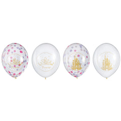 Little Gym - Disney Princess Once Upon A Time Round Transparent Confetti Latex Balloons, Purple/Pink/Gold, 12-in, for Birthday Party - 6 Ct.