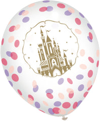 Little Gym - Disney Princess Once Upon A Time Round Transparent Confetti Latex Balloons, Purple/Pink/Gold, 12-in, for Birthday Party - 6 Ct.
