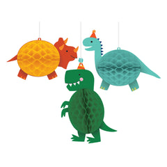 Little Gym - Dino-Mite Dinosaurs Honeycomb Hanging Decorations, Yellow/Green/Blue, 10 In. for Birthday Party - 3 Ct.