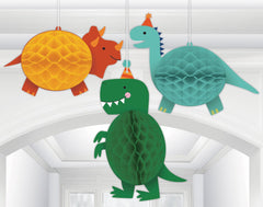 Little Gym - Dino-Mite Dinosaurs Honeycomb Hanging Decorations, Yellow/Green/Blue, 10 In. for Birthday Party - 3 Ct.