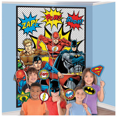 Little Gym - DC Justice League "Zap Pow Boom" Plastic Scene Setter Background Decoration with Photo Booth Props, Multi-Coloured, 65-in, for Birthday Party - 16 Ct.