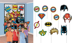 Little Gym - DC Justice League "Zap Pow Boom" Plastic Scene Setter Background Decoration with Photo Booth Props, Multi-Coloured, 65-in, for Birthday Party - 16 Ct.