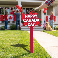 "Happy Canada Day" Yard Stake Sign, Red Maple Leaf, 34-Inch