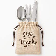 "Give Thanks" Canvas Cutlery Holders with Drawstring - 8 Pack