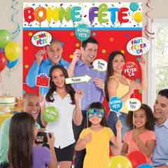 Birthday Party "Bonne Fête" Scene Setter with Fun Photo Booth Props Kit