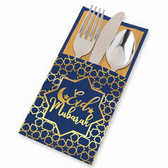 "Eid Mubarak" Cutlery Holders, Blue/Gold, 7.5-in, 12 Pack