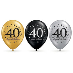 Sparkling Celebration 40th Birthday Latex Balloons - Black, Gold & Silver, 12-Inch, 15-Pack