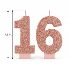 Sweet Sixteen Glitter Number Candles, Rose Gold, 4.5-Inch, Set of 2