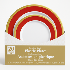 Elegant Red & Gold Bordered Premium Plastic Plates, 7.5" & 10.25", 20-Pack