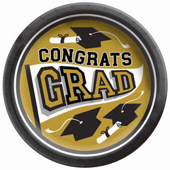 "Congrats Grad" Gold Round Paper Plates, 8.5-Inch, 20-Pack