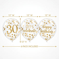 Golden 30th Birthday Confetti Latex Balloons, 12-Inch, 6-Pack