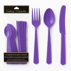 Purple Assorted Plastic Cutlery Set - 24 Pack