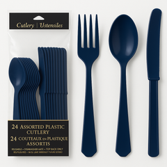 Navy Blue Plastic Cutlery Set - 24 Assorted Pieces