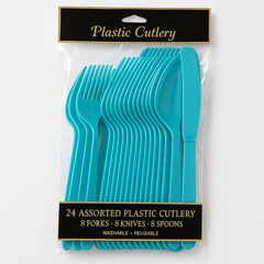 Caribbean Blue Assorted Plastic Cutlery Set - 7.5 in. - 24 Count
