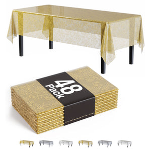 Gold Floral Plastic Table Cover | Case of 48 | 54 in. x 108 in.