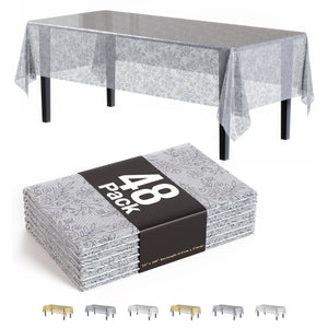 Silver Floral Plastic Table Cover | Case of 48 | 54 in. x 108 in.