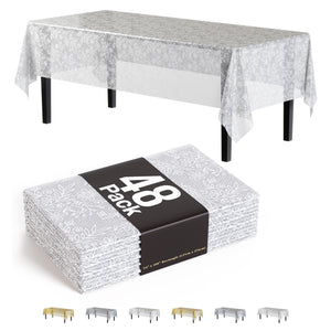 White Floral Plastic Table Cover | Case of 48 | 54 in. x 108 in.