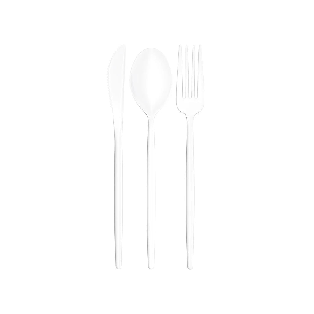 White elongated plastic silverware set
