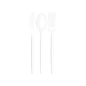 White elongated plastic silverware set