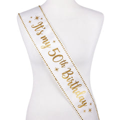 Golden Age 50th Birthday Sash - Elegant White and Gold Wearable Party Accessory
