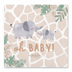 Jungle Baby "Oh Baby" Elephant Beverage Napkins - 16 Pack - 5 In. X 5 In.