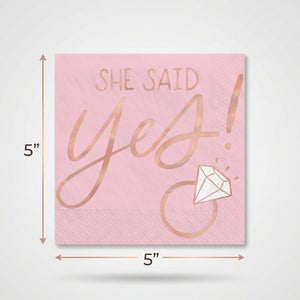 Blush "She Said Yes" Beverage Napkins - Rose Gold, 16-Pack - 5 In. X 5 In.