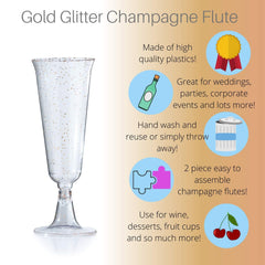 5 Oz. Gold Sparkle Plastic Flute Glasses | 144 Qty
