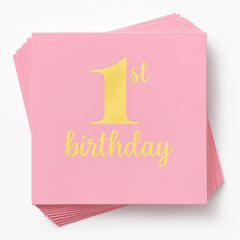 Metallic Pink and Gold 1st Birthday Beverage Napkins