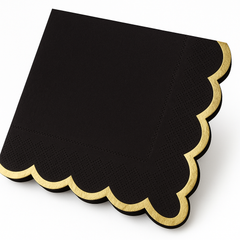 Black Scalloped Edge Beverage Napkin with Gold Hot Stamp