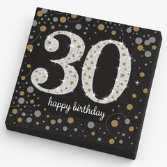 Sparkling Celebration 30th Birthday Lunch Napkins - Black/Silver/Gold, 16-Pack