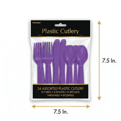 Purple Assorted Plastic Cutlery Set - 24 Pieces - 7.5 in.