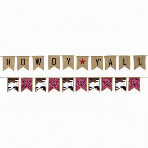 Western Howdy Y'all Banner Set - Reversible Burlap Party Decoration with Cowhide Bandana Garland, Pre-Strung Rustic Cowboy Rodeo Party Decor, 2 Piece, 6 ft