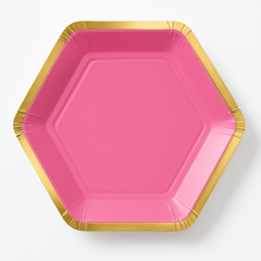 Bright Pink Hexagonal Metallic Paper Plates - 7"
