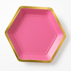 Bright Pink Hexagon Metallic Party Plates - 9"