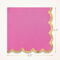 Bright Pink Scalloped Edge Luncheon Napkins with Gold Hot Stamp - 6.5 in. x 6.5 in.