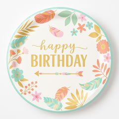 Boho Chic "Happy Birthday" Metallic Dinner Plates, 10.5-Inch, 8-Pack