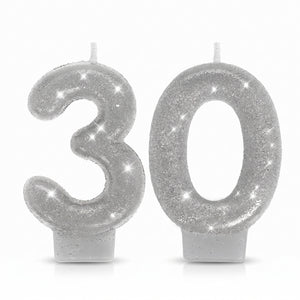 Sparkling Silver Glitter Number 30 Birthday Candles, 2-Piece Set