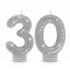 Sparkling Silver Glitter Number 30 Birthday Candles, 2-Piece Set